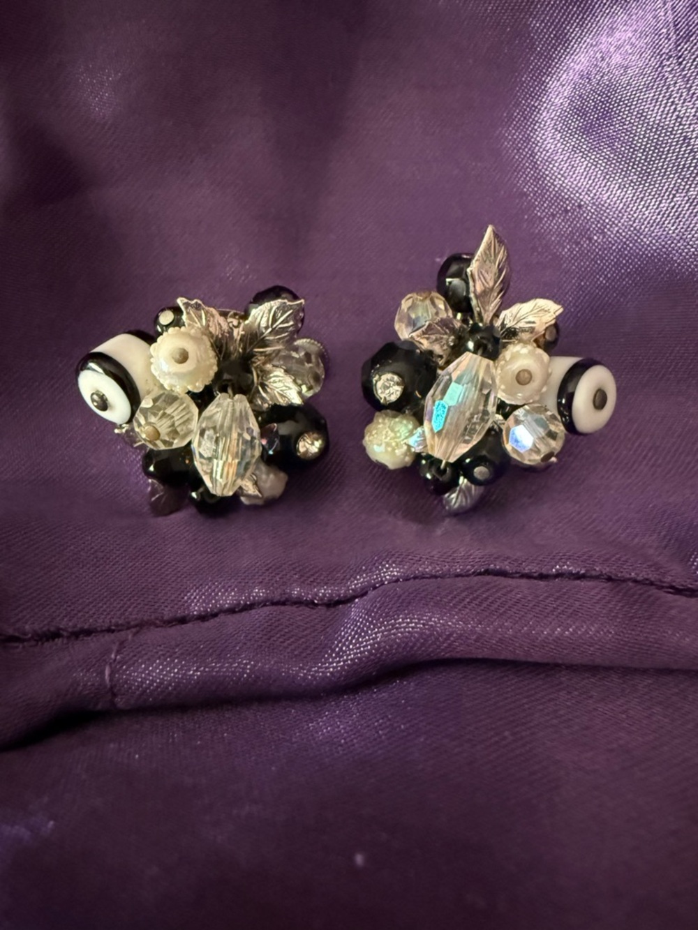 Elegant Black and Iridescent Cluster Clip-On Earrings Marked Vendome